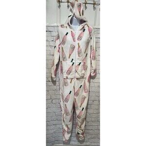 NWT Em & Alfie Champagne bottle one piece zip up hoodie Soft pajamas Large